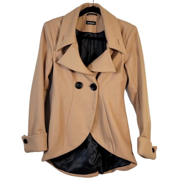 BEBE Blazer Women's XS Camel Wool Blend Tulip Hem Fitted Jacket Button Detail - Picture 1 of 13